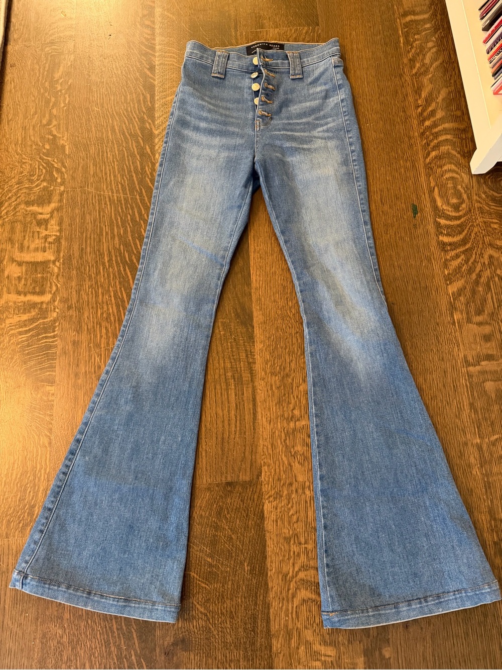 Veronica Beard Medium Blue High-Rise Flare Jeans with Button Fly